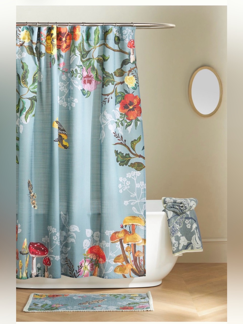 Anthropologie Nathalie Lete Marais Floral & Mushroom Blue Shower Curtain